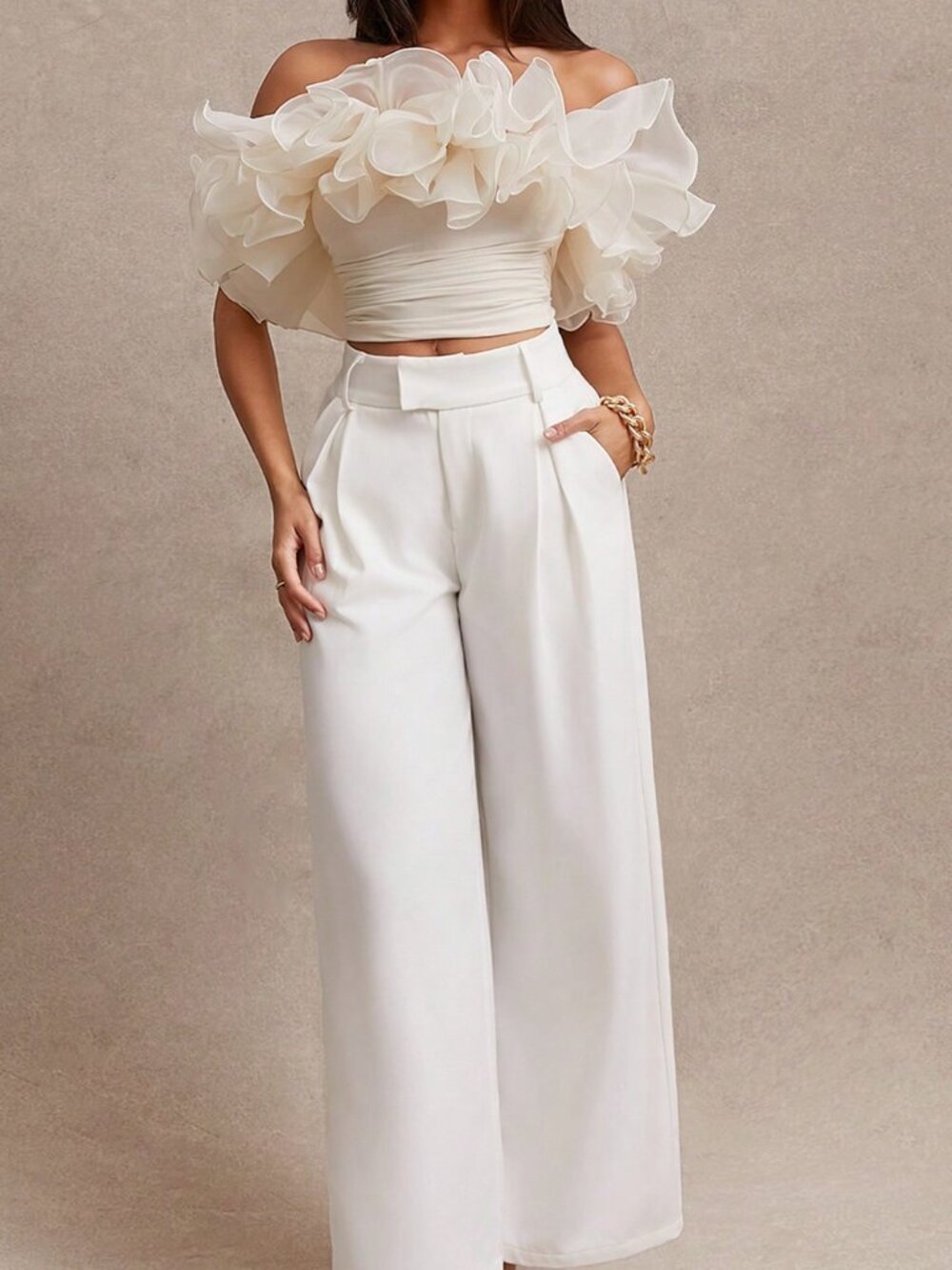 Apricot Elegant Women's Exaggerated Ruffle Trim Bandeau Top - Picture 1 of 6